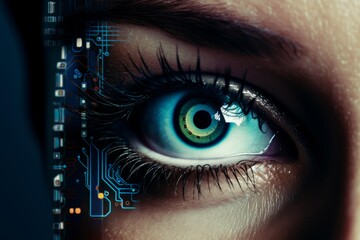 Fototapeta premium Close up of a woman's eye merging with a circuit board, symbolizing technological integration with human biology
