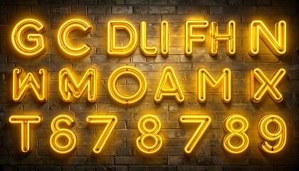Neon letters and numbers on a brick wall