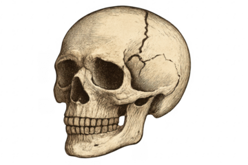 Human skull vintage drawing illustrating anatomy and mortality