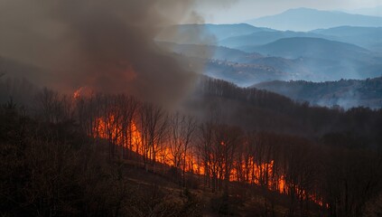 A wildfire erupts in the mountainous region of the Blue Ridge.