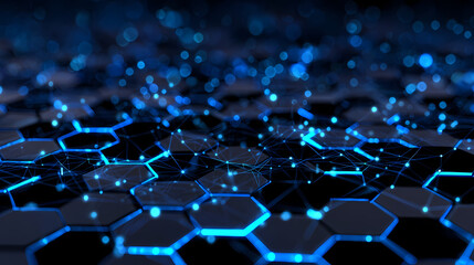 Abstract blue glowing hexagons, representing a technological and interconnected world, the image evokes a sense of innovation and futuristic technology