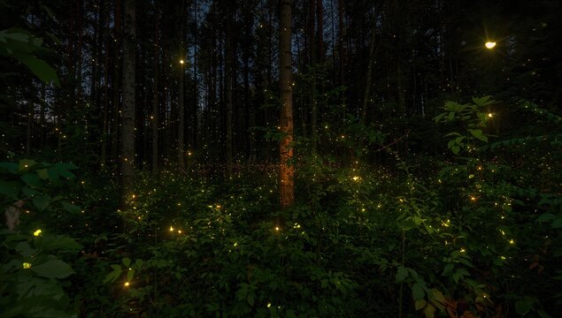 Numerous fireflies illuminating the woodland at night (Luciola parvula)