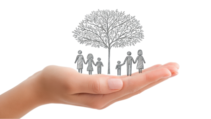 Family Tree Concept: Hand Holding Sketch of Tree and Figures