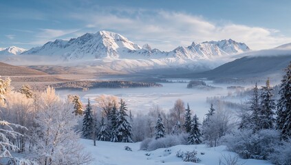 Obraz premium Breathtaking snowy mountain vista with pristine natural surroundings