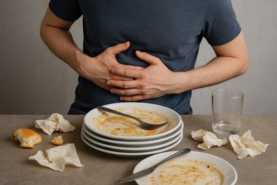 Man holding stomach after eating, dirty plates, and crumbs suggest indigestion or overeating, post-meal discomfort - Powered by Adobe