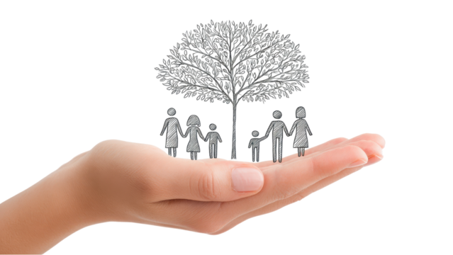 Family Tree Concept: Hand Holding Sketch of Tree and Figures