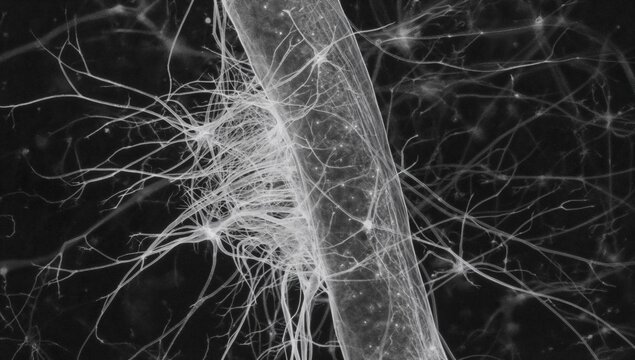 Multipolar motor neurons in the front section of the spinal cord's gray matter displayed. Numerous motor neuron axon bundles traverse the adjacent white matter on the left side.