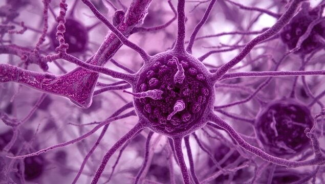 Nissl bodies revealed in motor neurons of the spinal cord's ventral horn stained using cresyl violet.