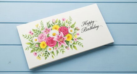 A birthday card with floral design, featuring pink, yellow, and white flowers, resting on a blue wooden surface.