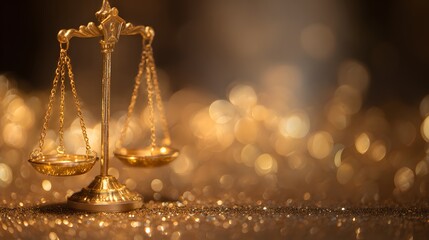 Polished brass weighing instrument rests on a surface covered in shimmering golden particles