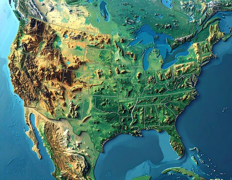 A 3D rendered topographical map of the United States, showing regions and geographical features