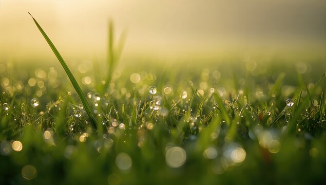 Close-up of early morning dew drops on blades of grass - Powered by Adobe