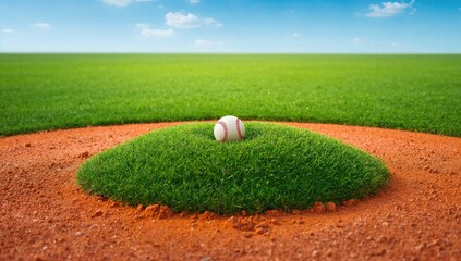 Baseball and softball pitcher's mound with green grass and orange clay dirt