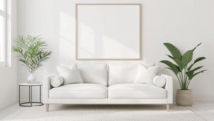 3D render of a coastal-themed interior wall with a mockup frame