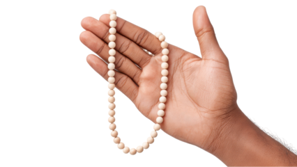 Hand Holding Wooden Prayer Beads Isolated on White