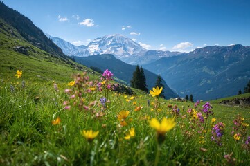 Fototapeta premium Vibrant wildflowers in a lush mountain setting, summer outdoors, natural scenery with snow-capped peaks and greenery