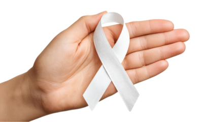 Hand Holding White Awareness Ribbon on White Background