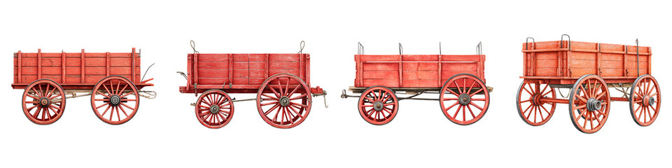 Fototapeta premium Antique Red Wooden Farm Wagons, Set of Four Isolated