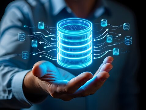 Illustration of a businessman holds a glowing blue database icon in his palm, symbolizing data storage and cloud computing
