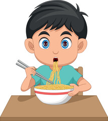 cute little boy eating noodles cartoon
