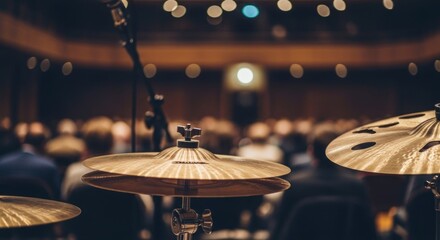 Close-up of cymbals on a drum set, with an audience visible in the blurred background of a concert hall.