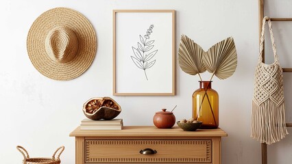 Boho interior with wooden furniture, rattan hat, glass vase, and botanical artwork. Minimalist rustic home decor in natural tones with a cozy and warm atmosphere.