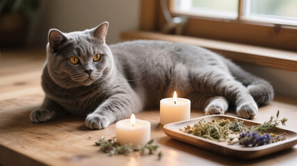 Serene domestic moment featuring a relaxed British Shorthair lying near herbal candles and herbs, expressing warmth, calmness, and mindful pet wellbeing