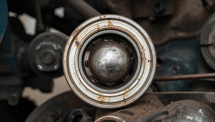 Fototapeta premium Vintage metal ball bearing from a classic automobile, white, retro style with oil and steel components