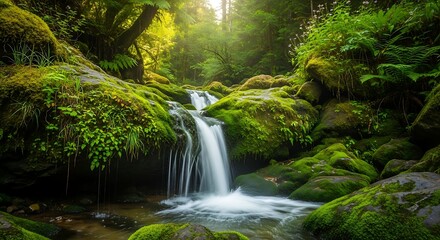 Obraz premium Lush Green Forest with Cascading Waterfall and Mossy Rocks Illuminated by Soft Sunlight, Creating a Tranquil Natural Scene