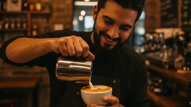 Smiling barista pours latte art