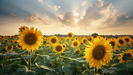 Fototapeta premium Bright yellow sunflower meadow under a clear summer sky, surrounded by nature and bathed in sunlight