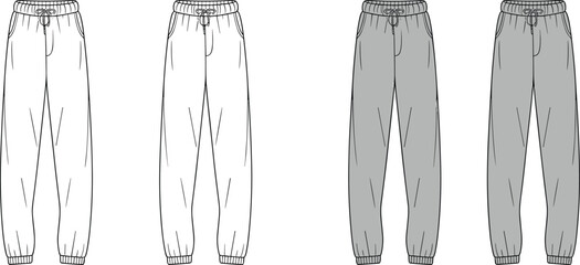 Men’s jogger sweatpants technical flat sketch, casual sportswear fashion cad drawing flat vector illustration, clothing design front and back view