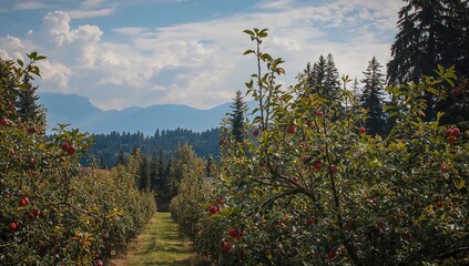 Fototapeta premium Orchard of apples set against a backdrop of misty hills.