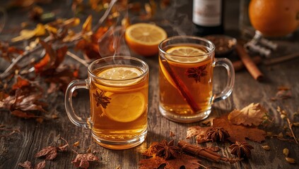 Warm spiced tea featuring lemon, star anise, and cinnamon served in transparent cups on a rustic wooden surface