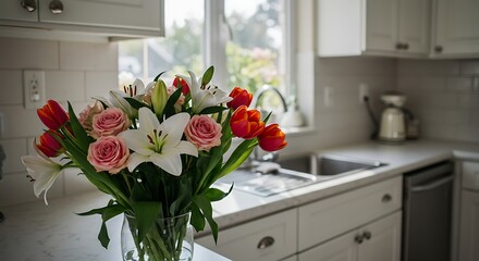A brightly lit modern kitchen interior with fresh floral bouquet on a countertop