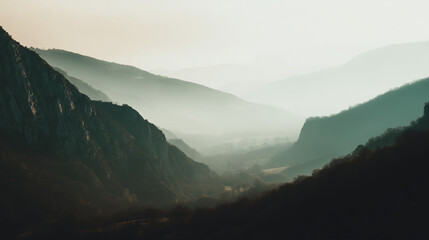 Fototapeta premium echoing. Sound waves echoing between canyon walls in a misty valley, wide landscape view. travel magazines, destination branding, designed for outdoor magazines and nature guides.