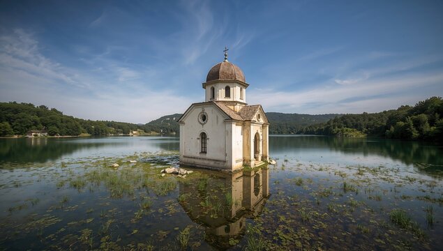 Deserted Ancient Orthodox Church Submerged Near a Reservoir in Summer