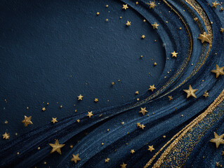 Dark night sky scene with ocean waves, blues and blacks, gold stars, light reflections, celestial atmosphere, side perspective - AI-Generated