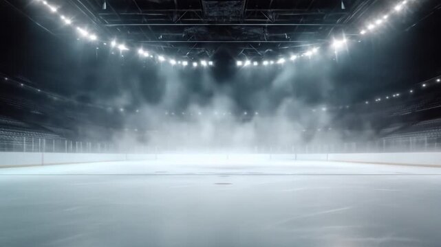 A serene ice hockey arena illuminated by bright spotlights, showcasing a smooth ice surface and a foggy atmosphere, setting the stage for an exciting game or event