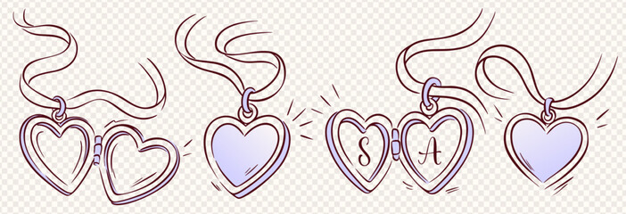 Locket heart bow love coquette line ribbon vector bundle with charm necklace doodles. Coquette locket set for romantic design, valentine invitation, bachelorette clipart pack.