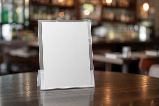 Blank menu display in a bar setting with an acrylic tent card holding a white sheet, perfect for adding custom text or images.