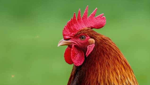 Close-up of a vibrant rooster with a bright red crest against a lush green summer background. Theme of rural life featuring a colorful domestic bird. Area reserved for text.