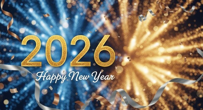 Happy New Year 2026 Celebration with Fireworks and Confetti