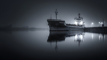Obraz premium Large cargo vessel docks peacefully at a pier under dark, moody night skies
