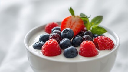 Bowl filled with natural yogurt topped with assorted fruits and berries. Focused close-up of a nutritious meal promoting wellness.