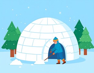 A cartoon person outside an igloo, shoveling snow with trees and falling snowflakes