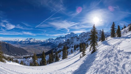 Mountains covered in snow beneath a clear blue sky