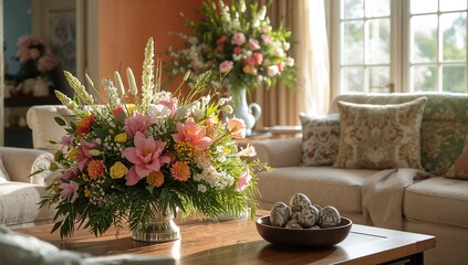 Living room decorated with vibrant flowers and Easter ornaments