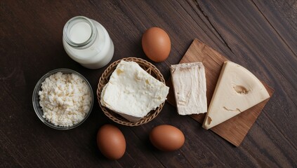 Fototapeta premium Organic dairy products and eggs displayed on a rustic wooden surface from above
