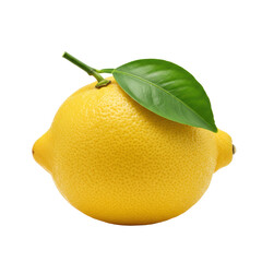 Vibrant yellow whole lemon with textured peel, green stem, and glossy leaf, isolated on a pristine transparent background with copy space, commercial food photography, concept of freshness and purity